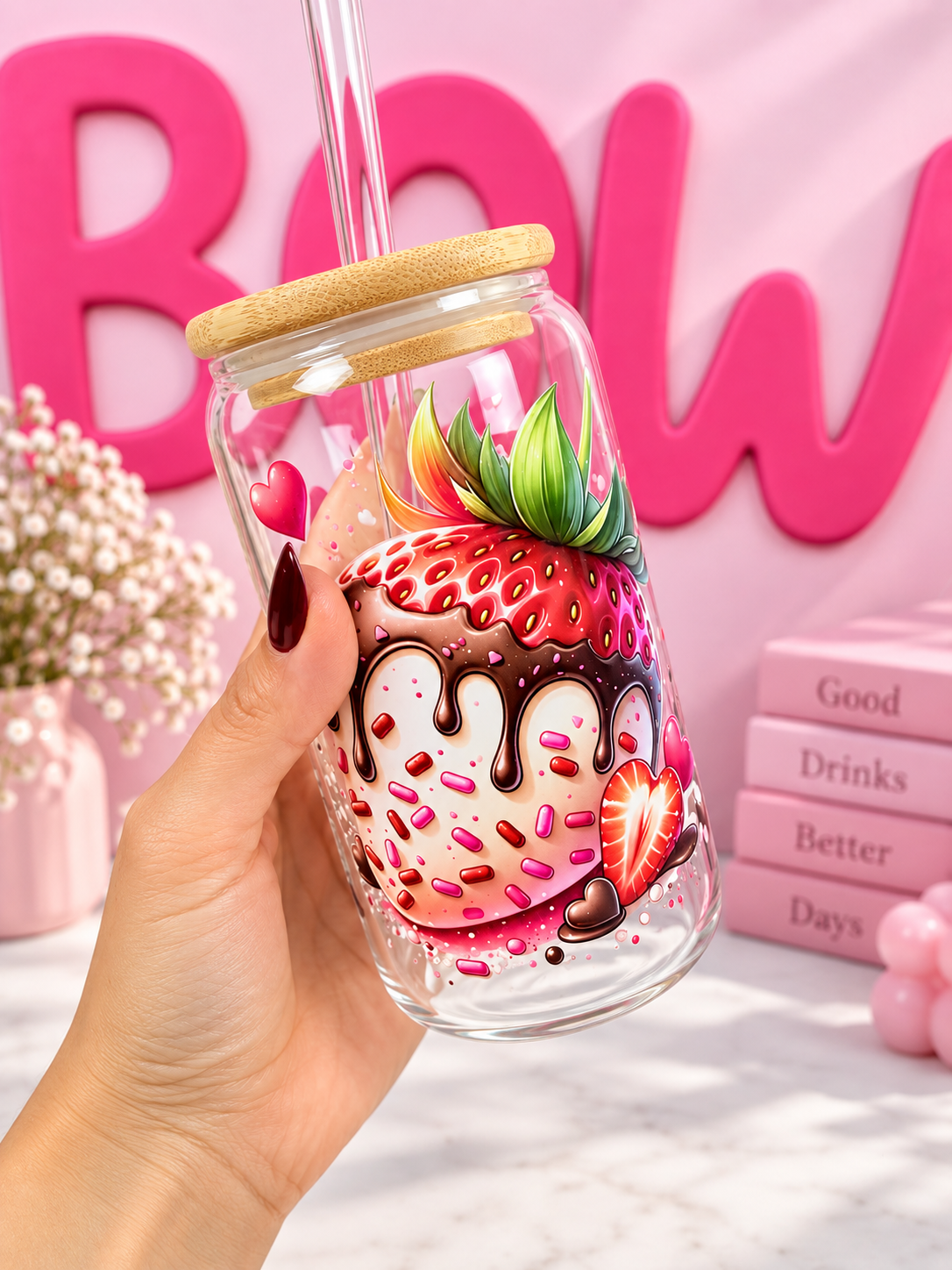 Strawberry in White Chocolate 16 oz Glass